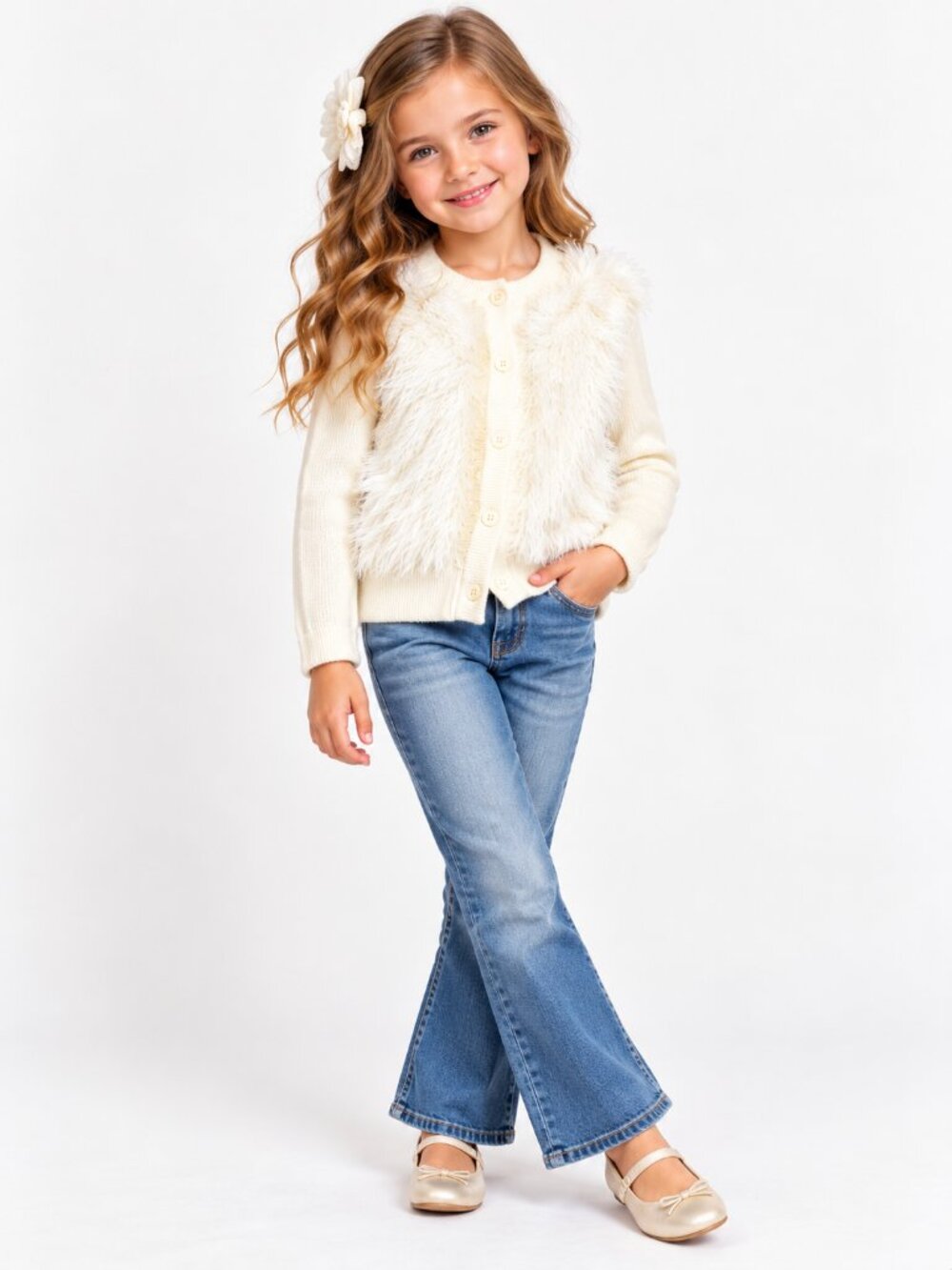 Ragdoll‎ & Rockets Cream Faux Fur Knit Girls Cardigan Button Down 7/8 NWT